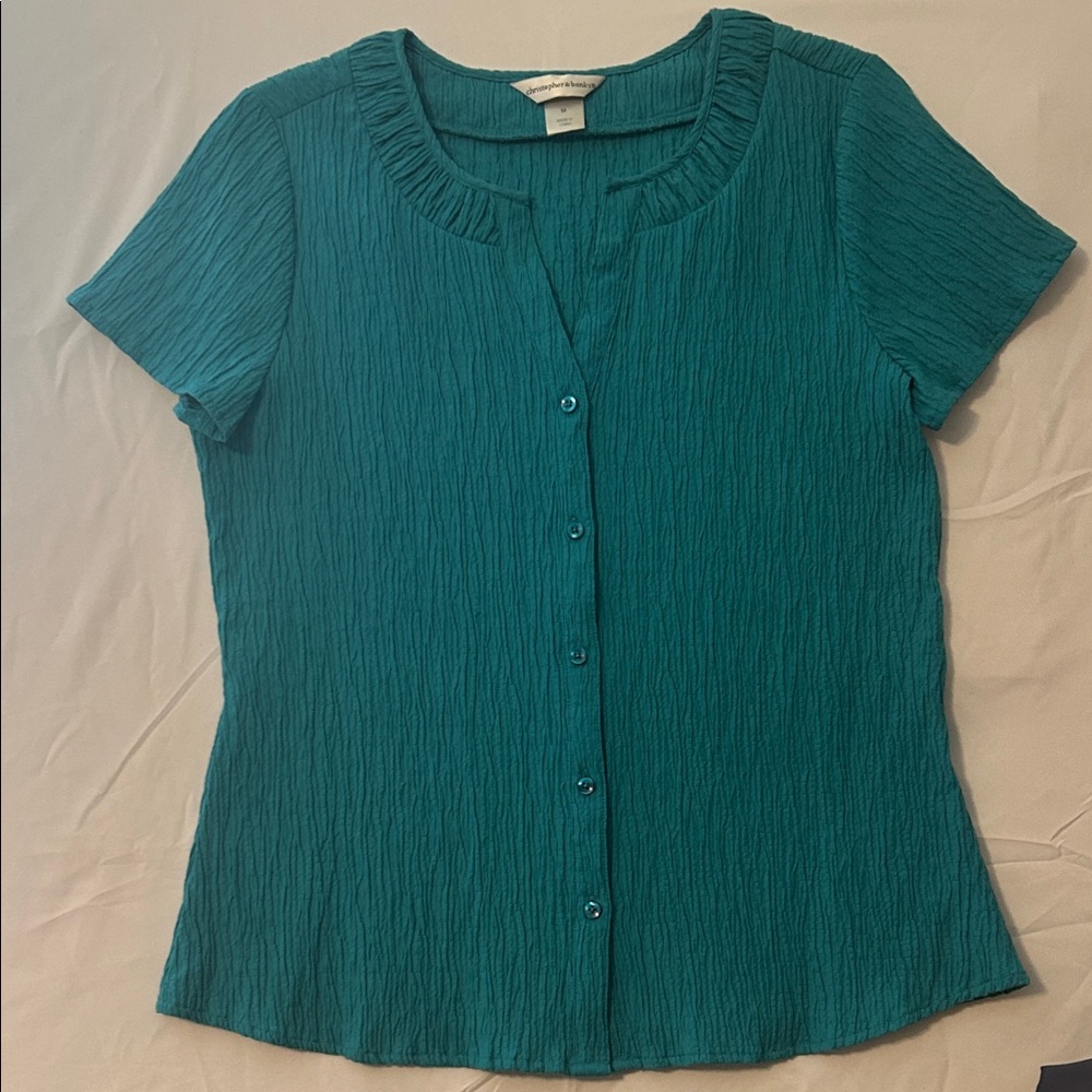Christopher & Banks Teal Crinkle Button-Front Short Sleeve Top